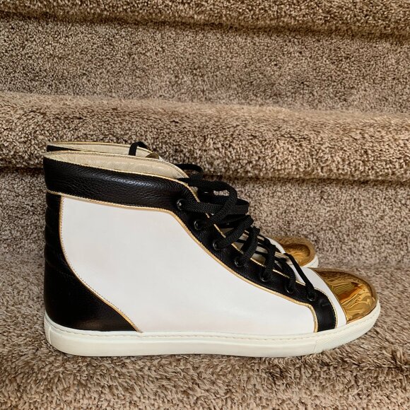 Louis Leeman Men\'s Leather White/Black with Gold Metal Front Trim Sneakers. main image 10